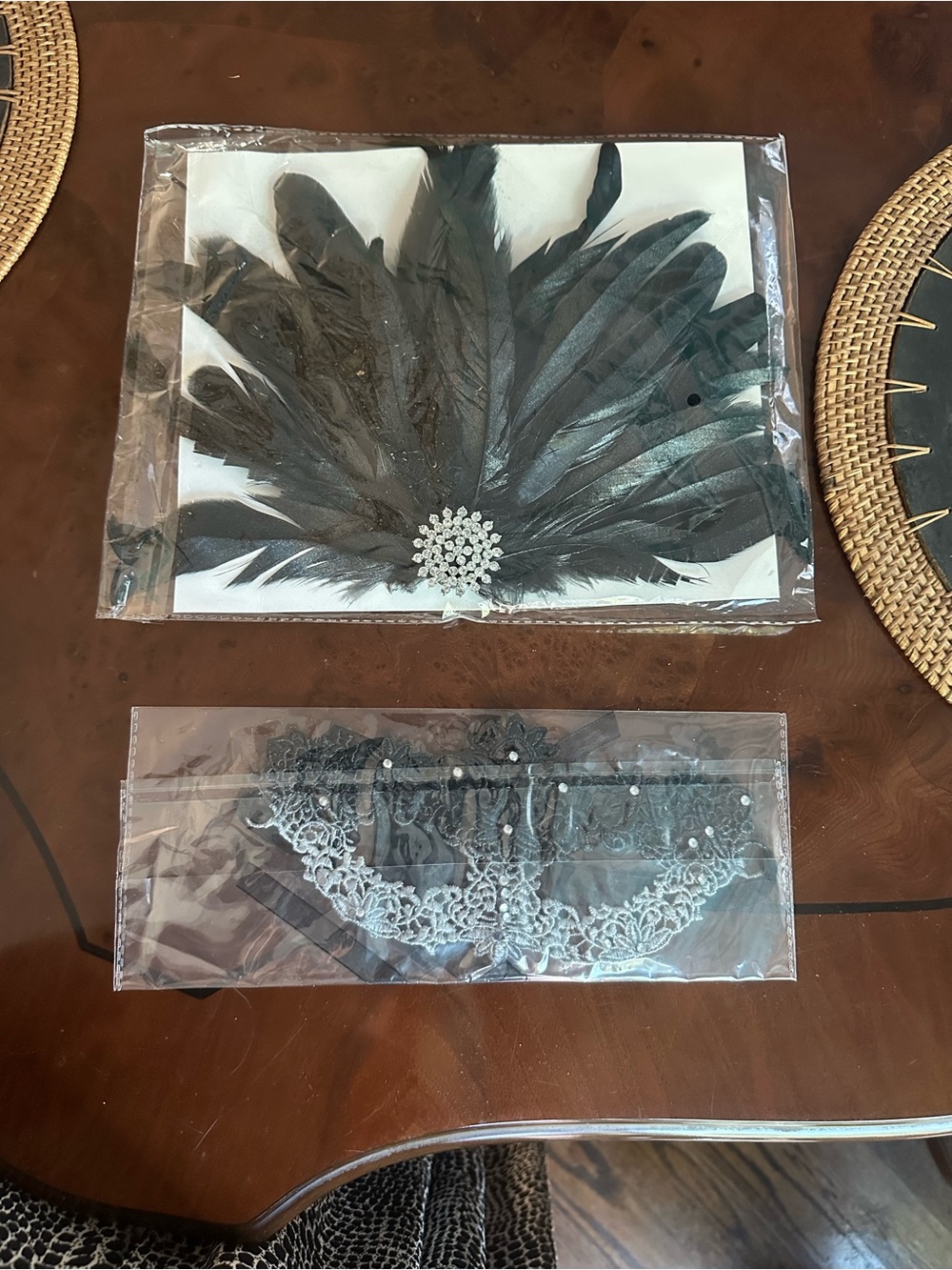 Black Feather Hair Clip and Lace Mask Set with Rhinestone Detail